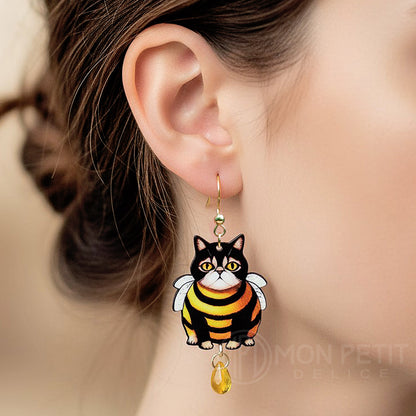 Bumblebee Cat wooden earrings