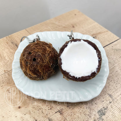 Detail view of miniature coconut dangle earrings handmade by Mon Petit Delice