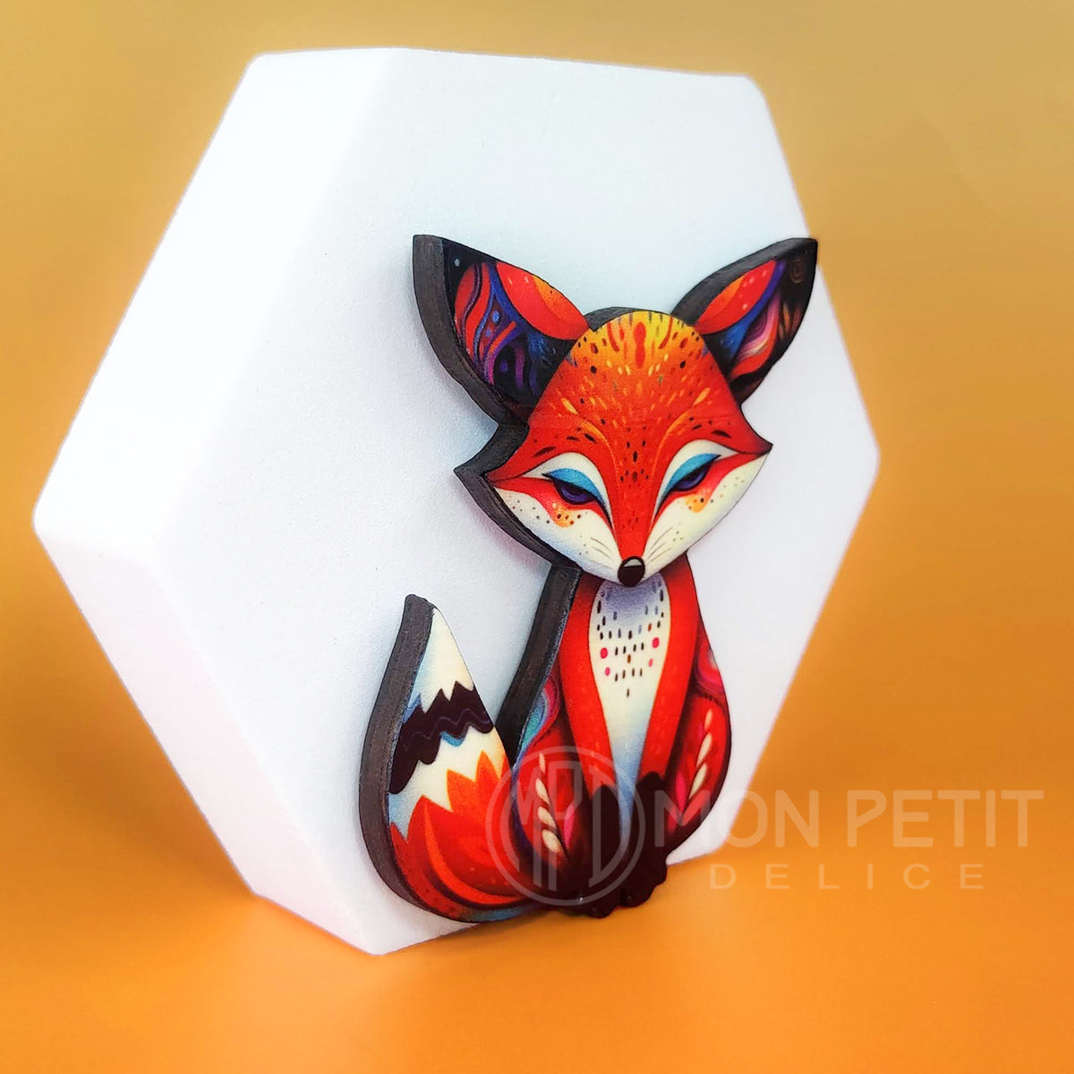 handmade fox pin wood brooch colorful woodland animal jewelry