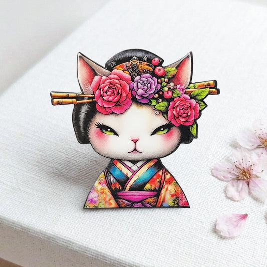 Floral Geisha Cat Brooch,  Illustrated Wooden Pin, Kawaii Cat Jewelry Gift