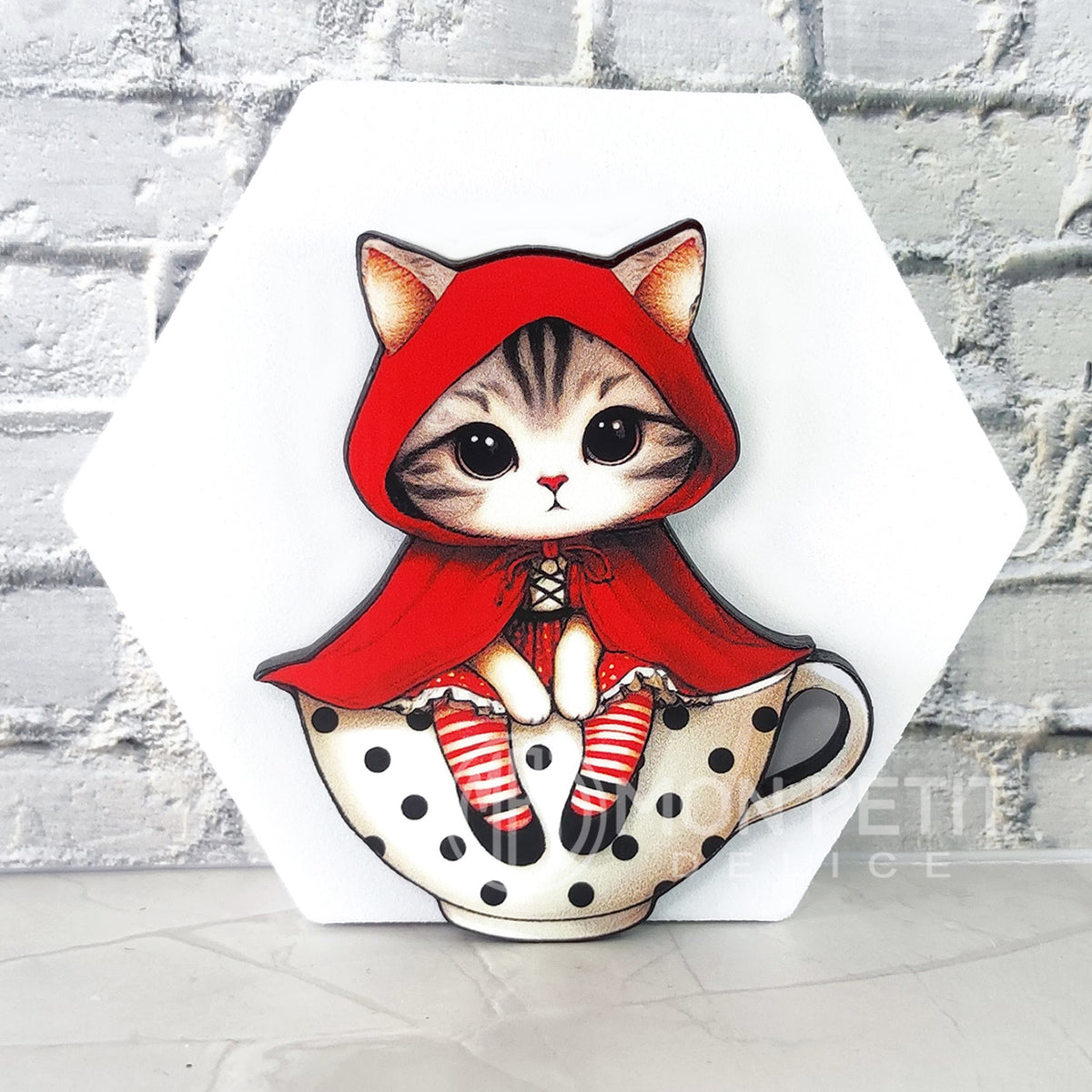 Little Red Riding Hood Cat Brooch | Storybook Wooden Jewelry | Cat Lover Gift