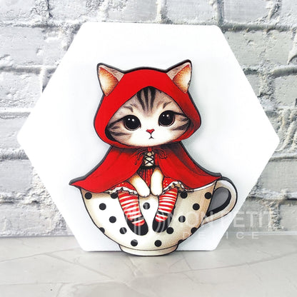 Little Red Riding Hood Cat Brooch | Storybook Wooden Jewelry | Cat Lover Gift