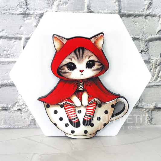 Little Red Riding Hood Cat Brooch | Storybook Wooden Jewelry | Cat Lover Gift