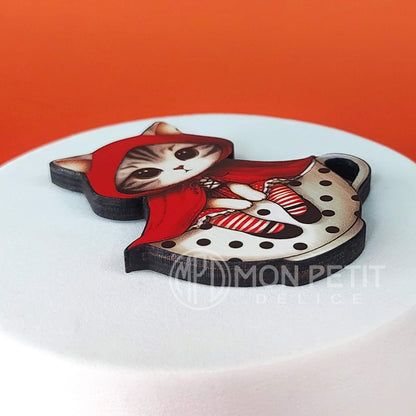 Little Red Riding Hood Cat Brooch | Storybook Wooden Jewelry | Cat Lover Gift