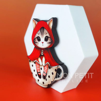 Little Red Riding Hood Cat Brooch | Storybook Wooden Jewelry | Cat Lover Gift