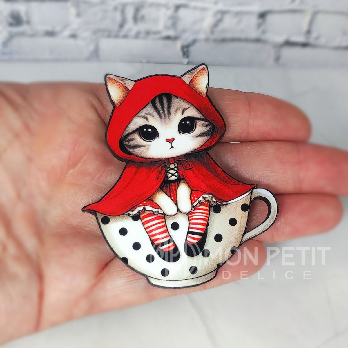 Little Red Riding Hood Cat Brooch | Storybook Wooden Jewelry | Cat Lover Gift