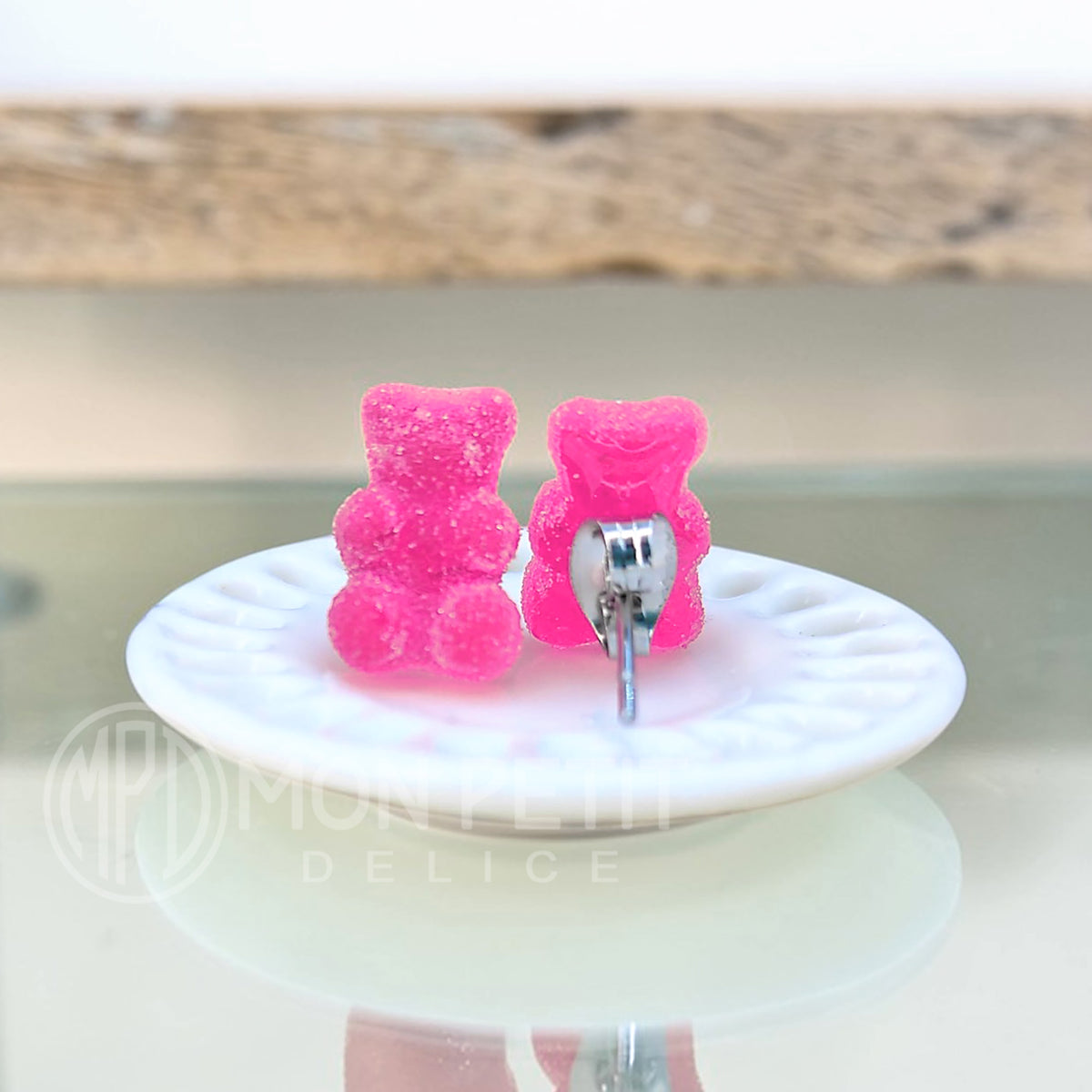 Back view of handmade pink sugar gummy bears stud earrings with stainless steel
