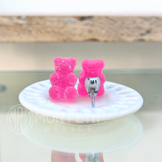 Back view of handmade pink sugar gummy bears stud earrings with stainless steel