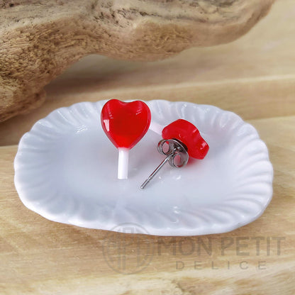 Back view of handmade red heart lollipop stud earrings with stainless steel posts
