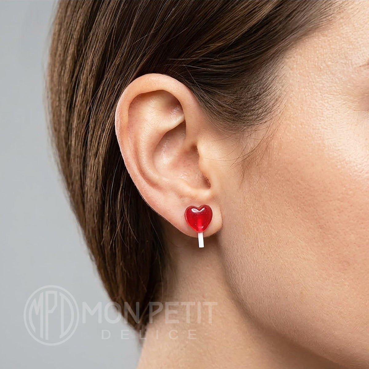 Red heart lollipop stud earring worn on the ear, kawaii miniature food jewelry