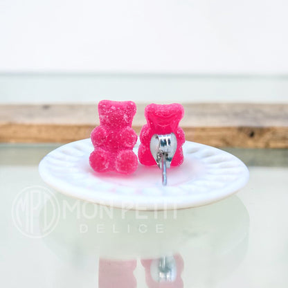 Back view of handmade red pink sugar gummy bears stud earrings with stainless steel