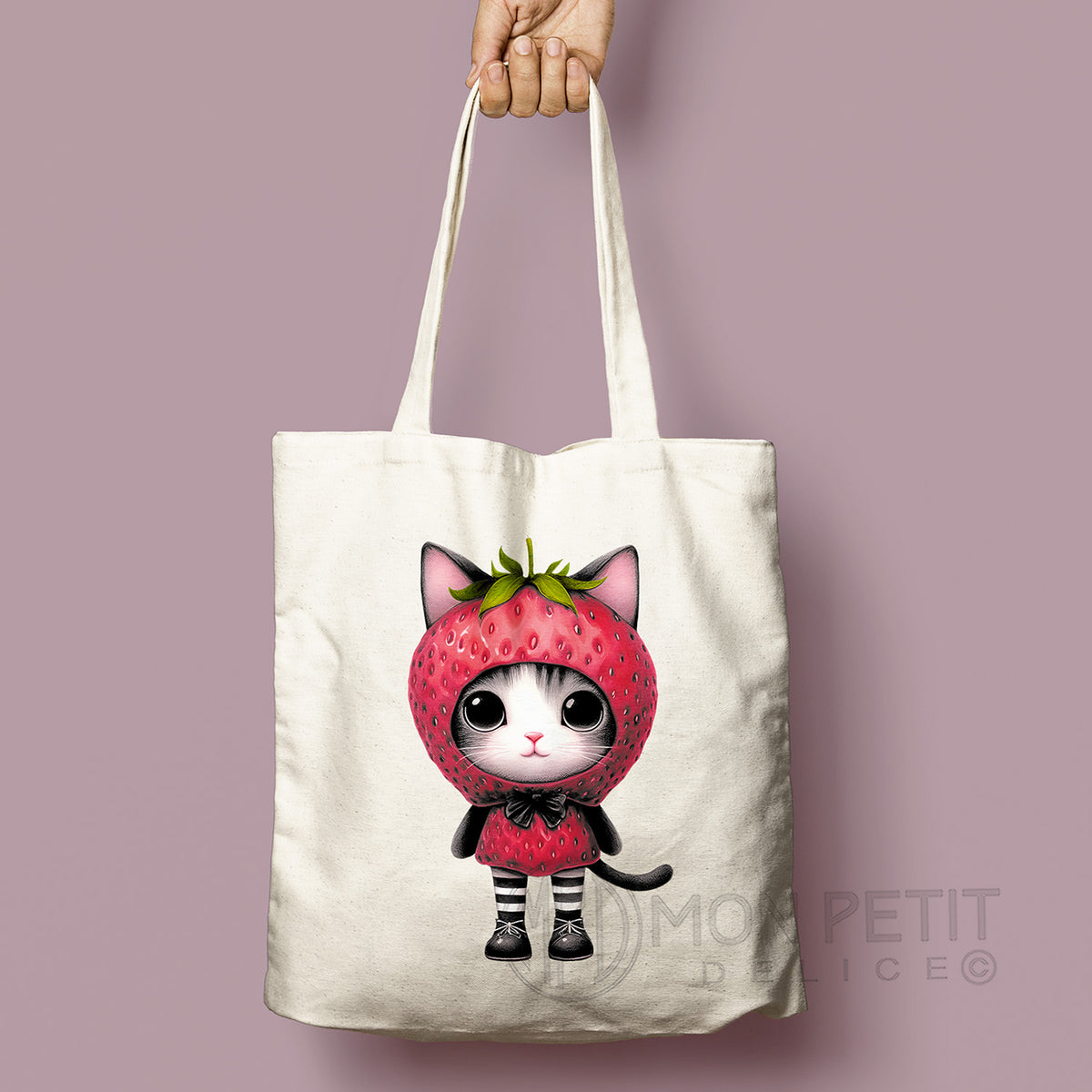 Strawberry Cat tote bag, 100% cotton