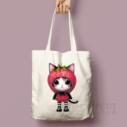 Strawberry Cat tote bag, 100% cotton