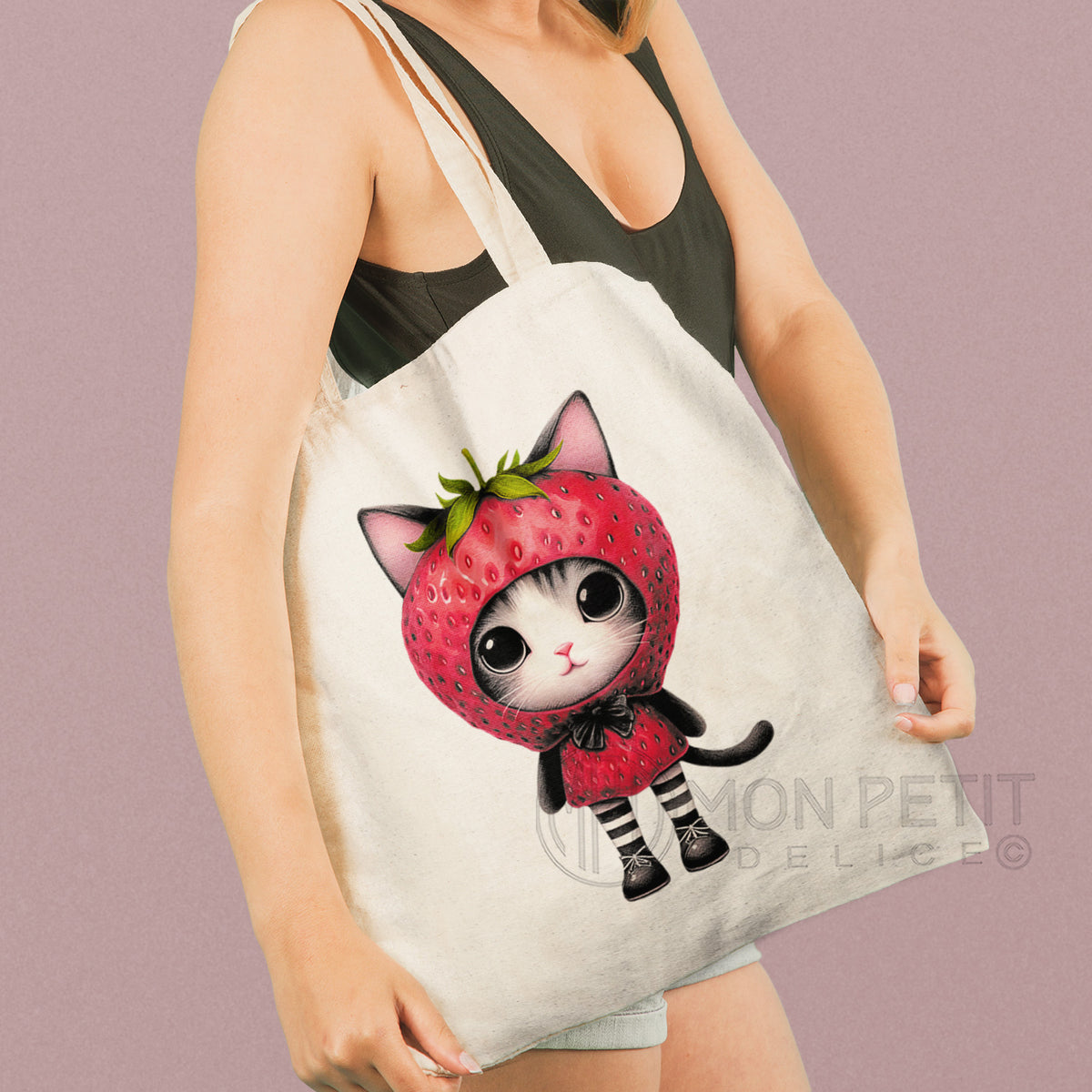 Strawberry Cat tote bag, 100% cotton