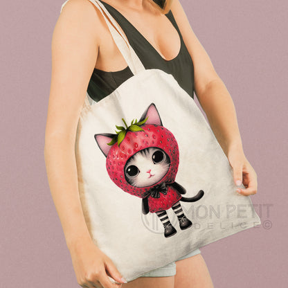 Strawberry Cat tote bag, 100% cotton