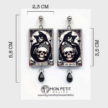 Tarot Card Earrings The Death: Black Cat And Skulls, Witchy Gothic Jewelry