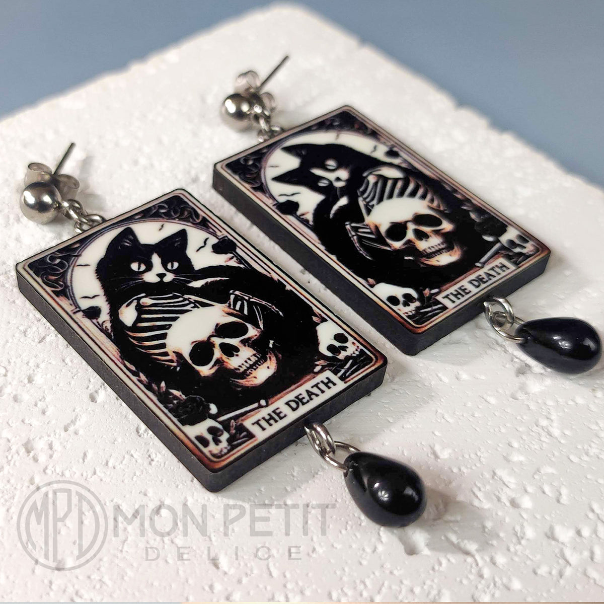 Tarot Card Earrings The Death: Black Cat And Skulls, Witchy Gothic Jewelry