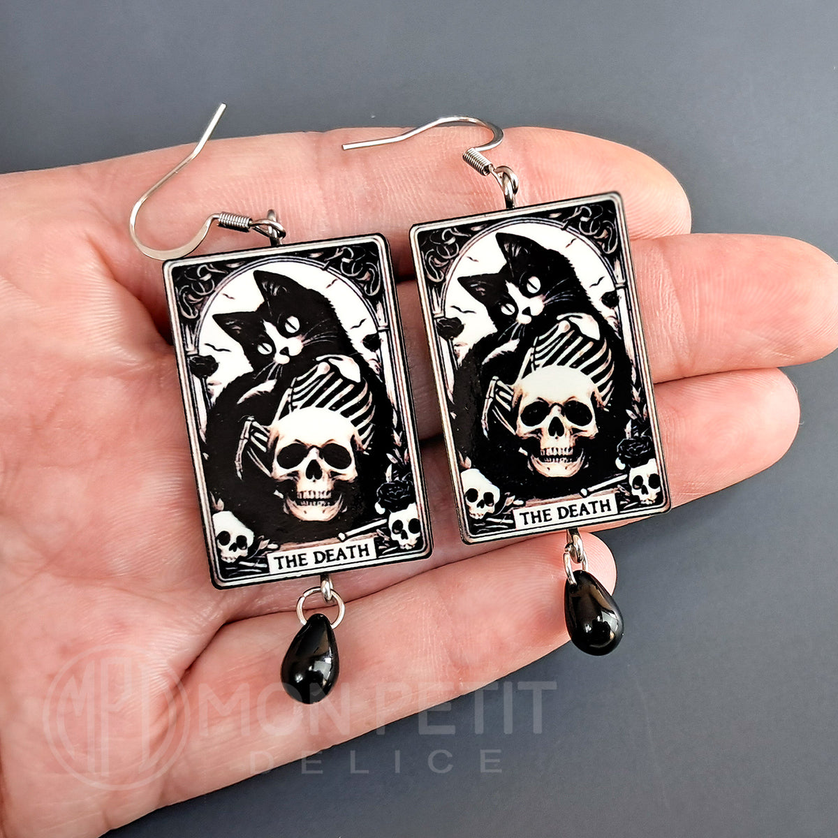 Tarot Card Earrings The Death: Black Cat And Skulls, Witchy Gothic Jewelry