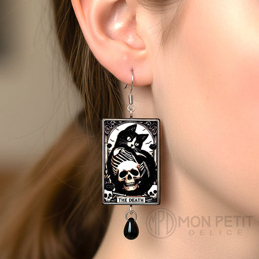 Tarot Card Earrings The Death: Black Cat And Skulls, Witchy Gothic Jewelry