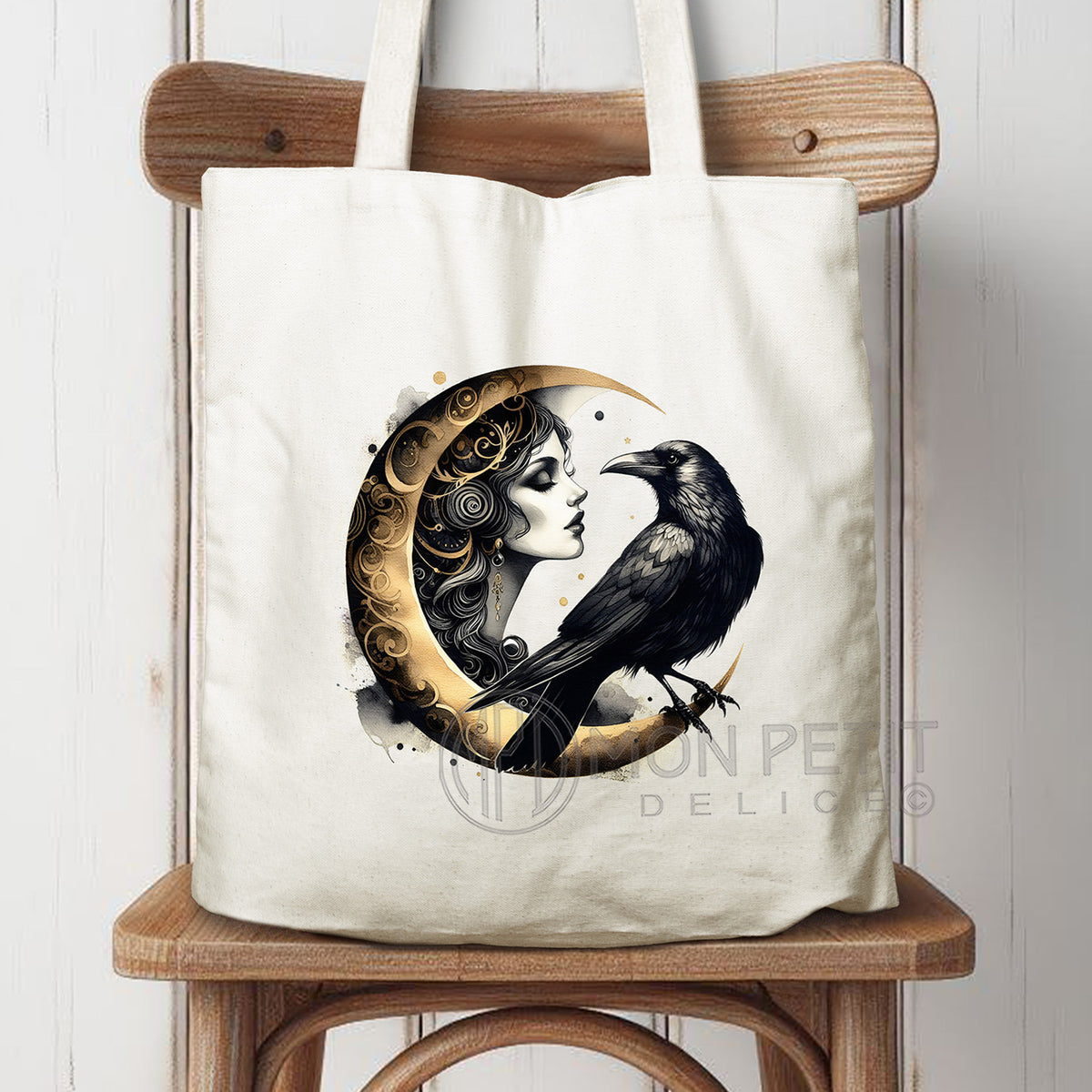 Art deco Moon with the Crow tote bag, 100% cotton