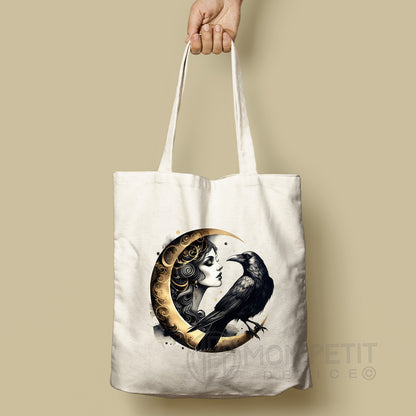 Art deco Moon with the Crow tote bag, 100% cotton