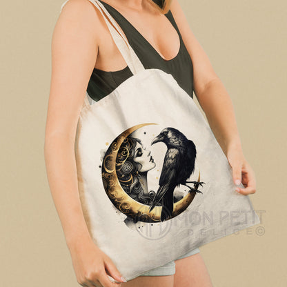 Art deco Moon with the Crow tote bag, 100% cotton