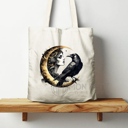 Art deco Moon with the Crow tote bag, 100% cotton