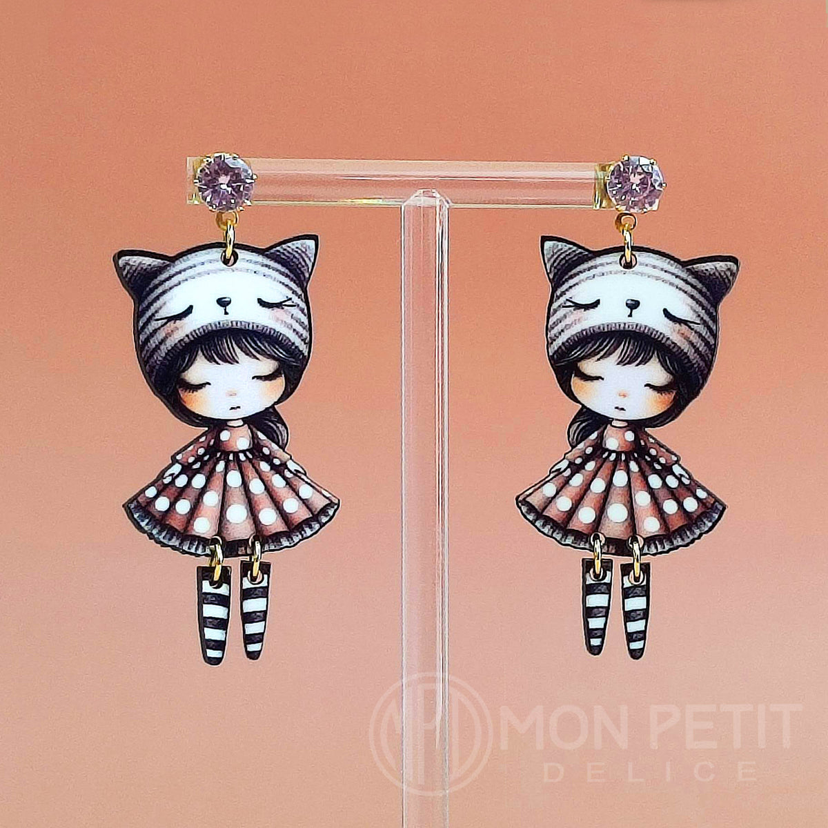 Wooden Doll Earrings: Cat Ear Beanie, Gold Plated Steel Studs