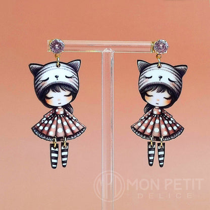 Wooden Doll Earrings: Cat Ear Beanie, Gold Plated Steel Studs