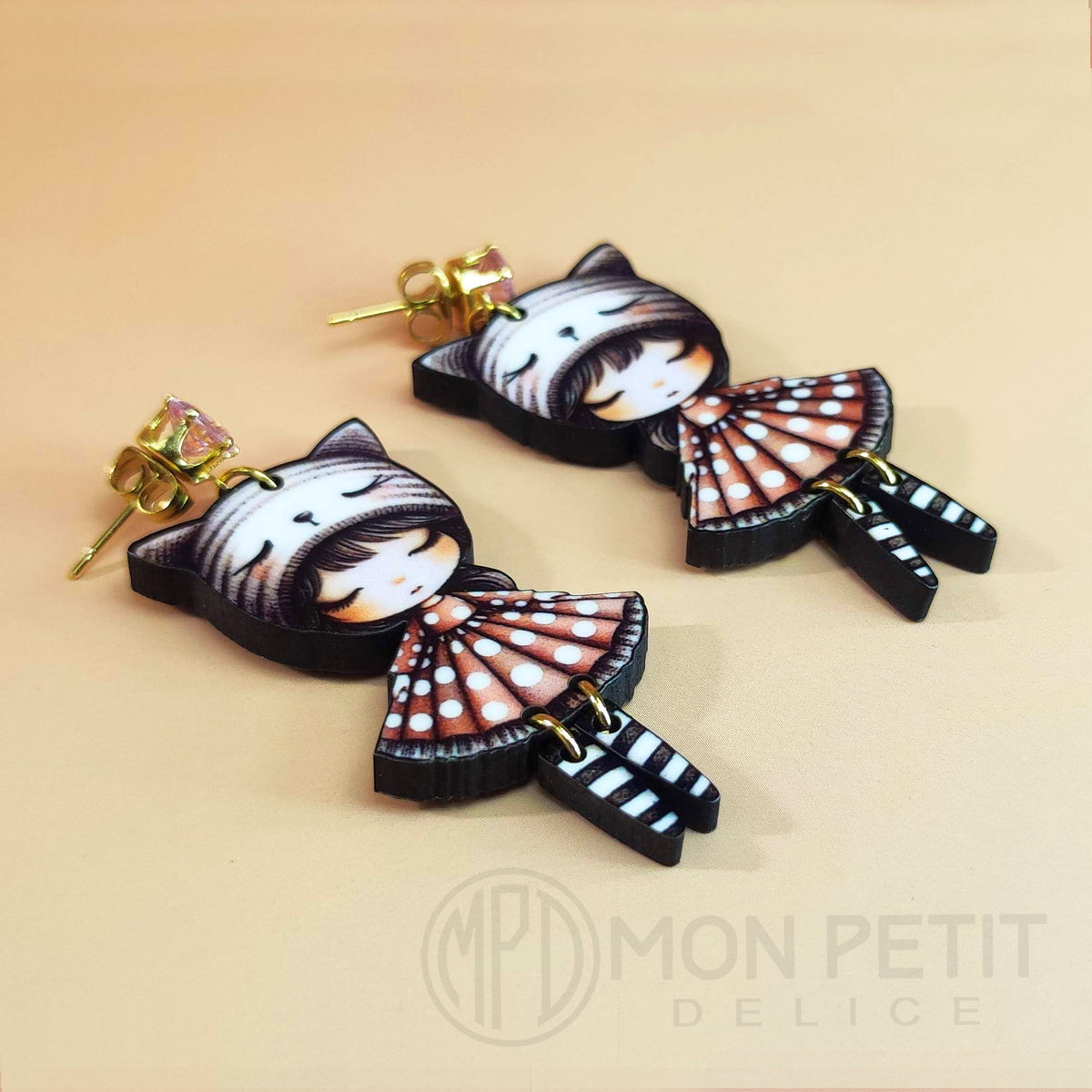 Wooden Doll Earrings: Cat Ear Beanie, Gold Plated Steel Studs