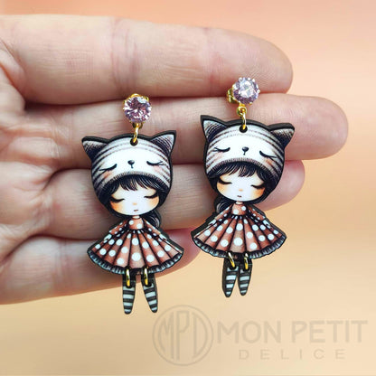 Wooden Doll Earrings: Cat Ear Beanie, Gold Plated Steel Studs