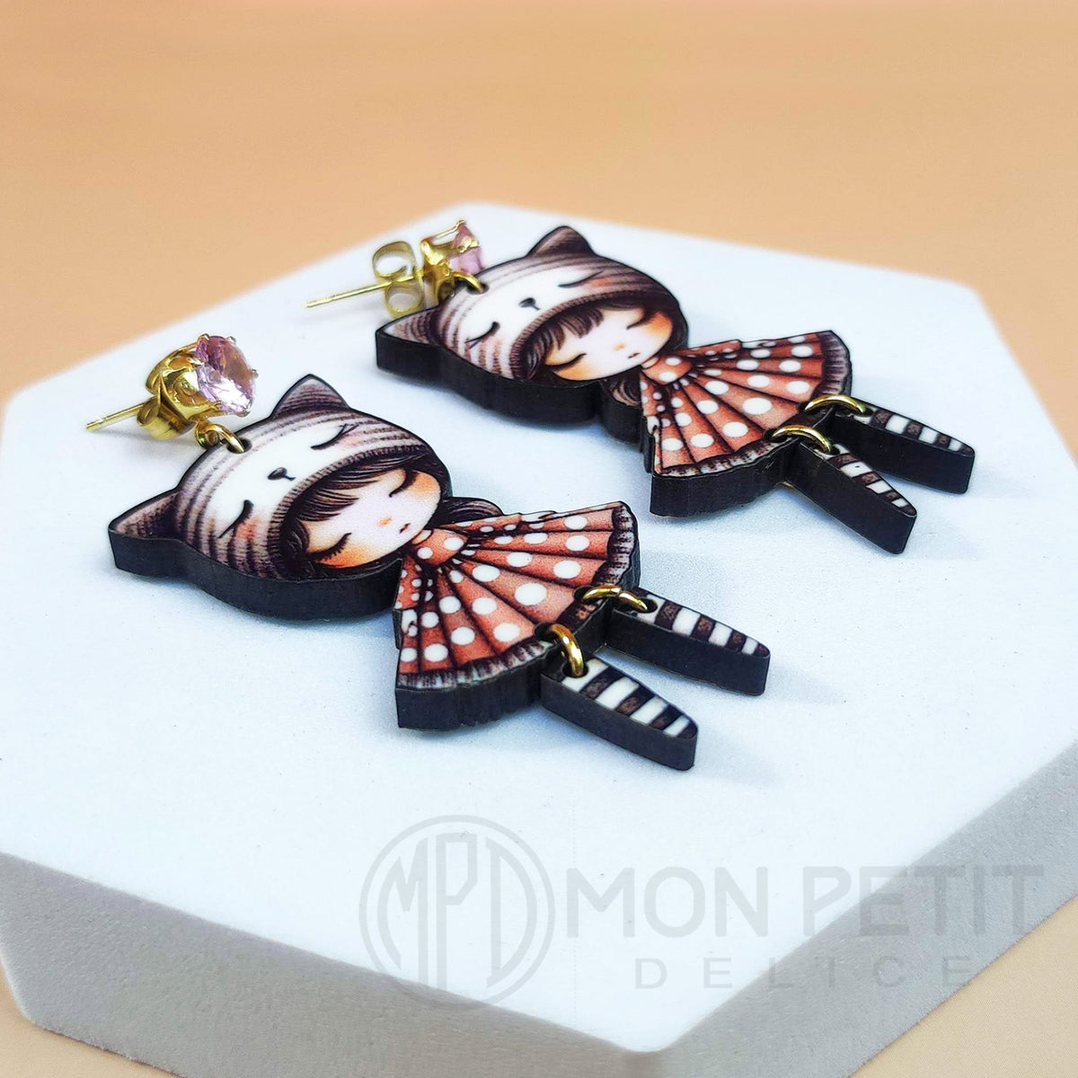 Wooden Doll Earrings: Cat Ear Beanie, Gold Plated Steel Studs