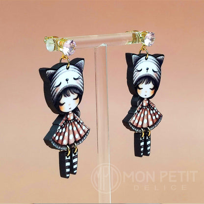 Wooden Doll Earrings: Cat Ear Beanie, Gold Plated Steel Studs