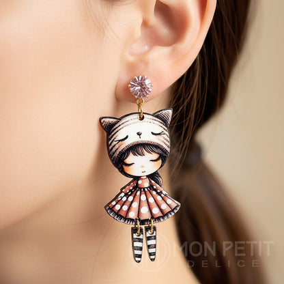 Wooden Doll Earrings: Cat Ear Beanie, Gold Plated Steel Studs